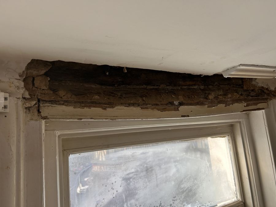 Rotten timber lintel before replacement, Dorset