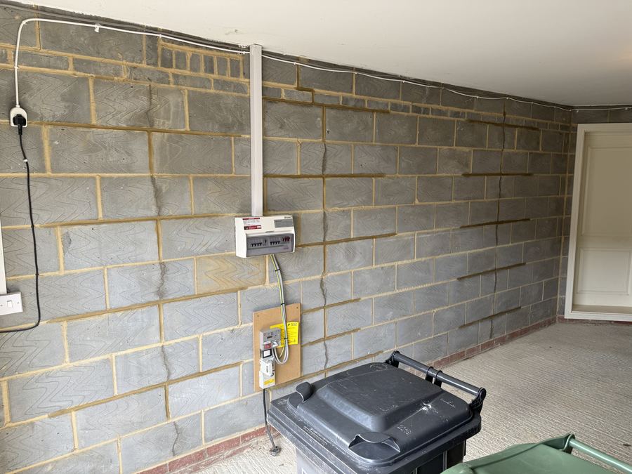 Thermalite garage wall crack stitching, Waterlooville